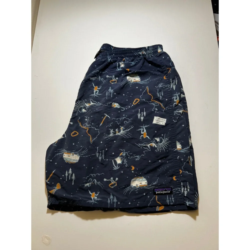 Patagonia Shorts Mens XL Navy Baggies Viva Los Fun Blue Camper Van Climbing